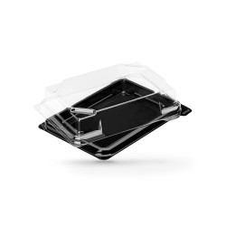 BOITE SUSHIS 21.2X10.2X2.7 CM FOND NOIR AVEC COUVERCLE TRANSPARENT APET (25 U)